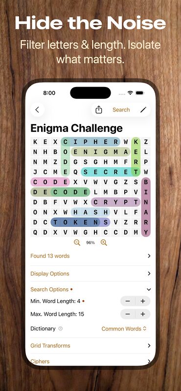 Enigma Word Search screenshot - filter letters and length to hide the noise