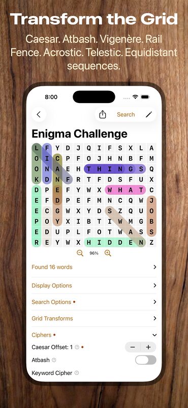 Enigma Word Search screenshot - transform the grid with ciphers
