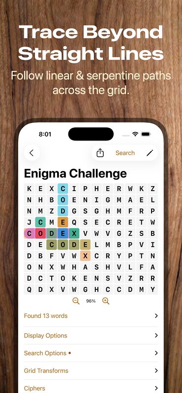 Enigma Word Search screenshot - follow linear and serpentine paths across the grid