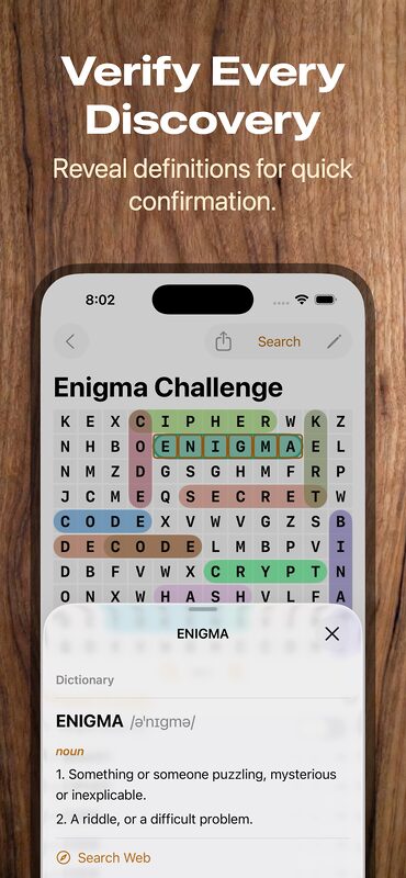 Enigma Word Search screenshot - reveal definitions for quick confirmation