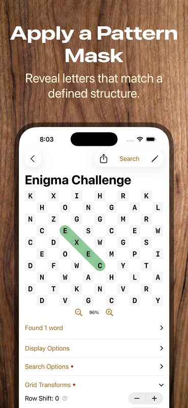 Enigma Word Search screenshot - apply a pattern mask to reveal letters that match a defined structure