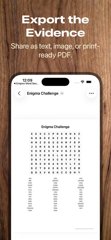 Enigma Word Search screenshot - share as text, image, or print-ready PDF